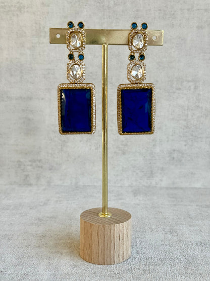 Ayura Designs Clara Set with Earrings & Tikka  – Royal Blue Stones with Moissanite and Antique Gold Finish