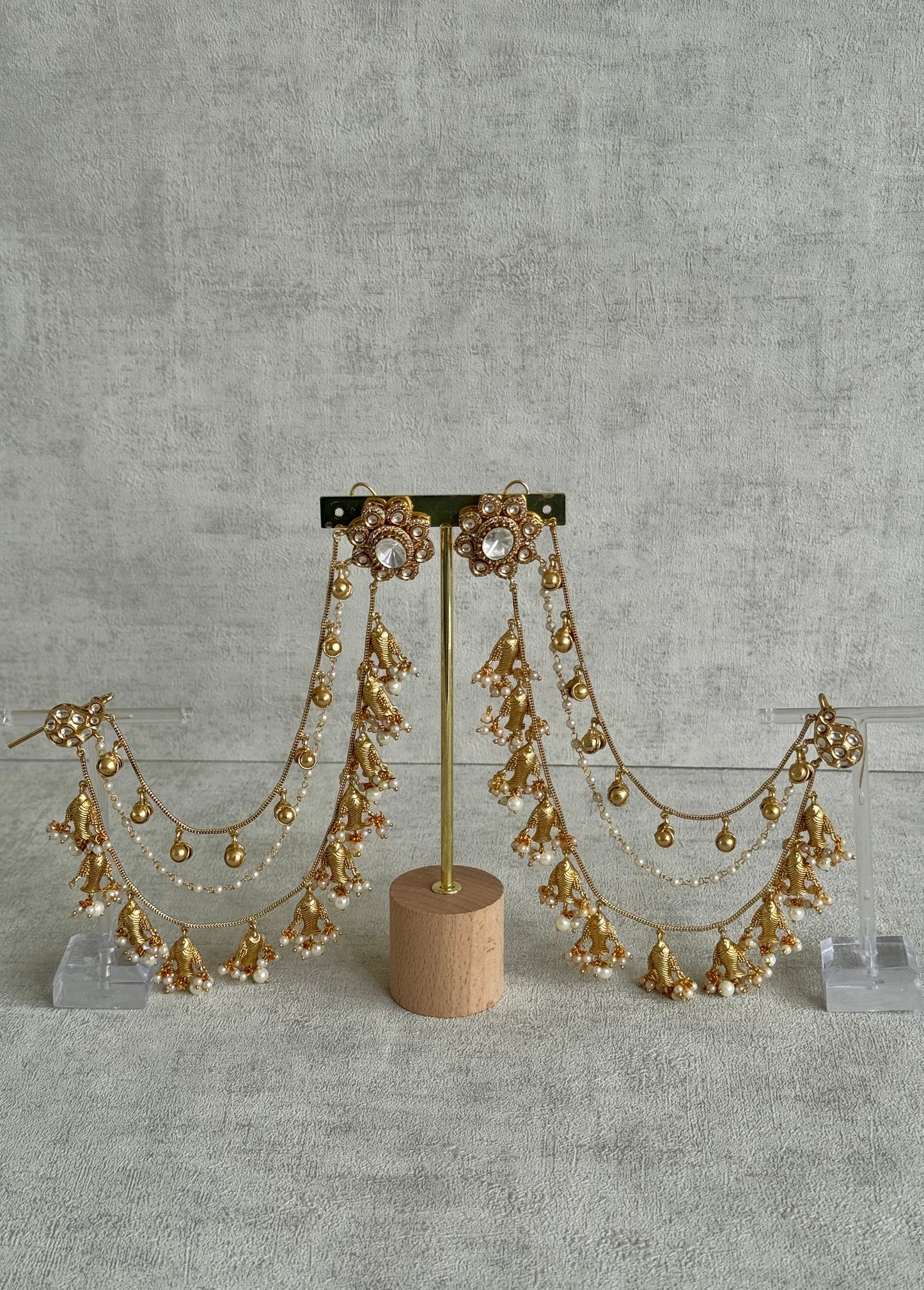 Ayura Designs Kohsar Earrings with Sahare – Mirror-Cut Studs, Fish Motifs & Pearl Detailing in Antique Gold