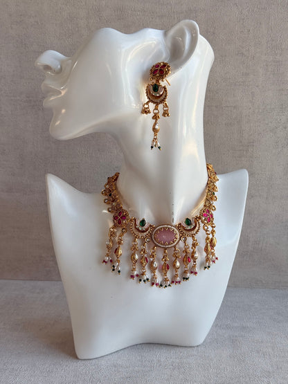 Ayura Designs Aavya Necklace Set – Blush Pink & Emerald Green Kundan Meenakari Design