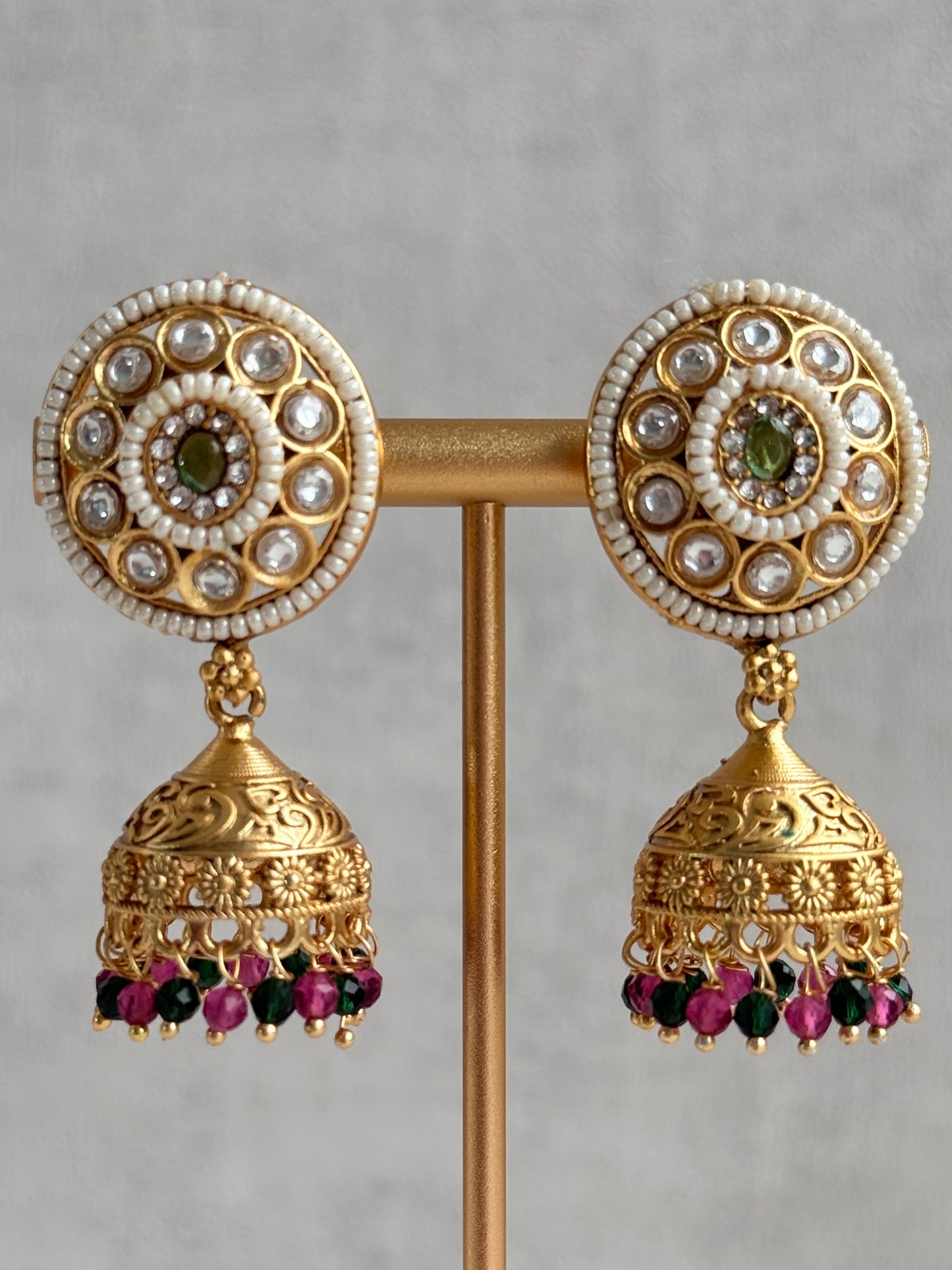 Ayura Designs Kesar Necklace Set with Jhumkis – Multi-Strand Pearl Design, Kundan, Rani Pink & Green Stones & Gold Finish