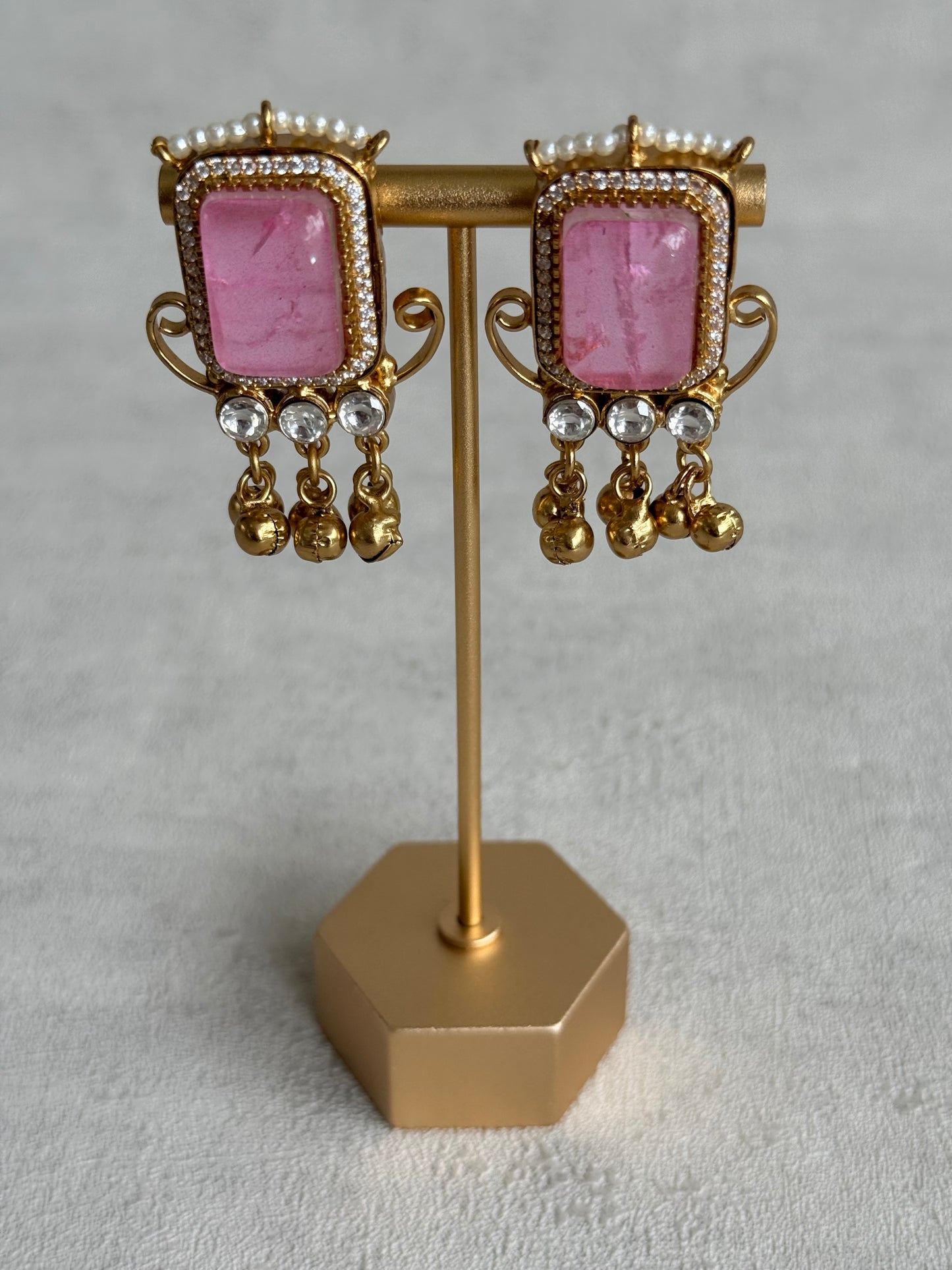 Ayura Designs Aleena Earrings – Blush Pink Stone Stud Earrings with Pearls & Ghungroo Detailing