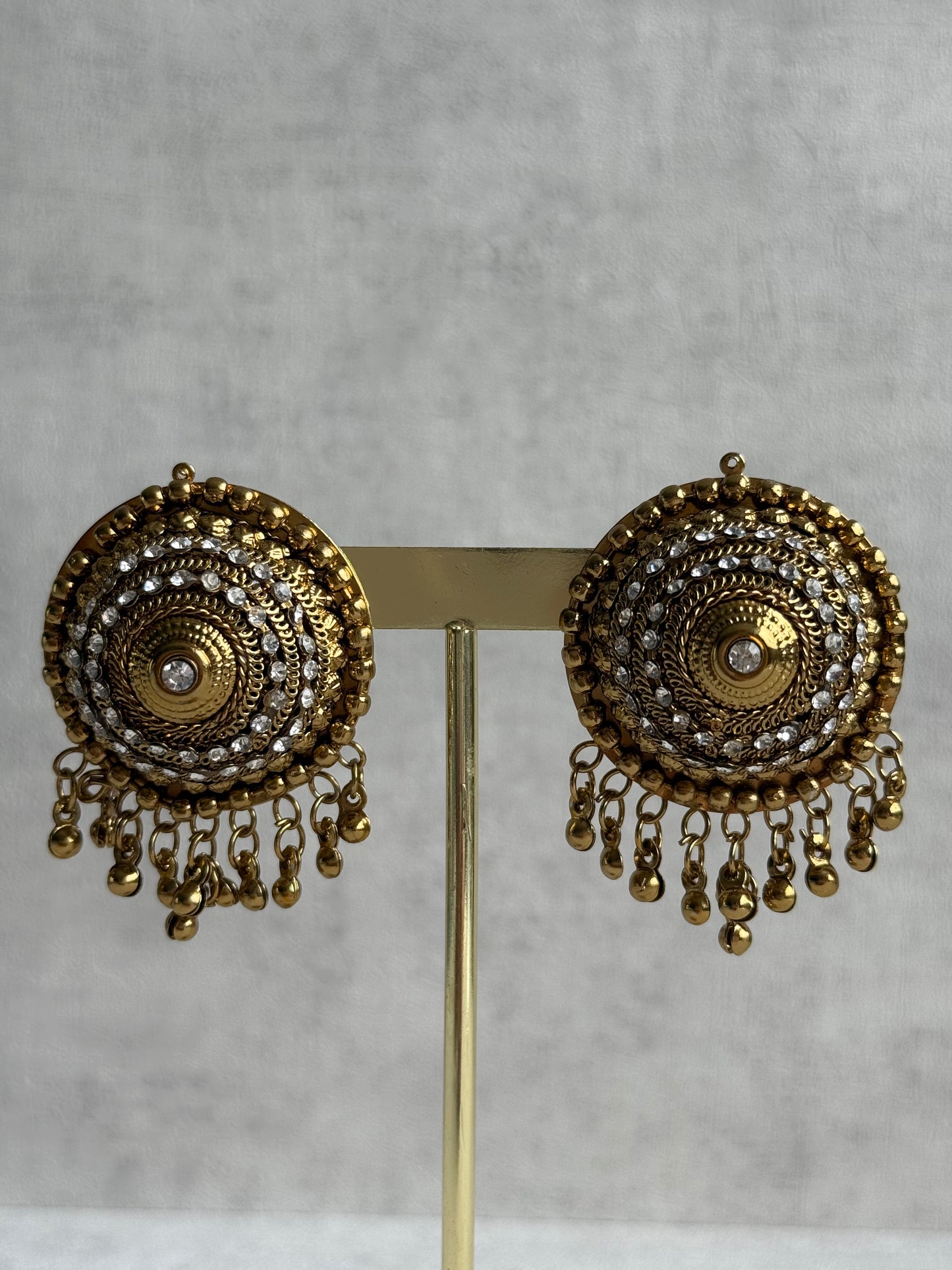 Ayura Designs Mitwa Earrings – Antique Gold Studs with Crystal Stones & Ghungroo Fringe