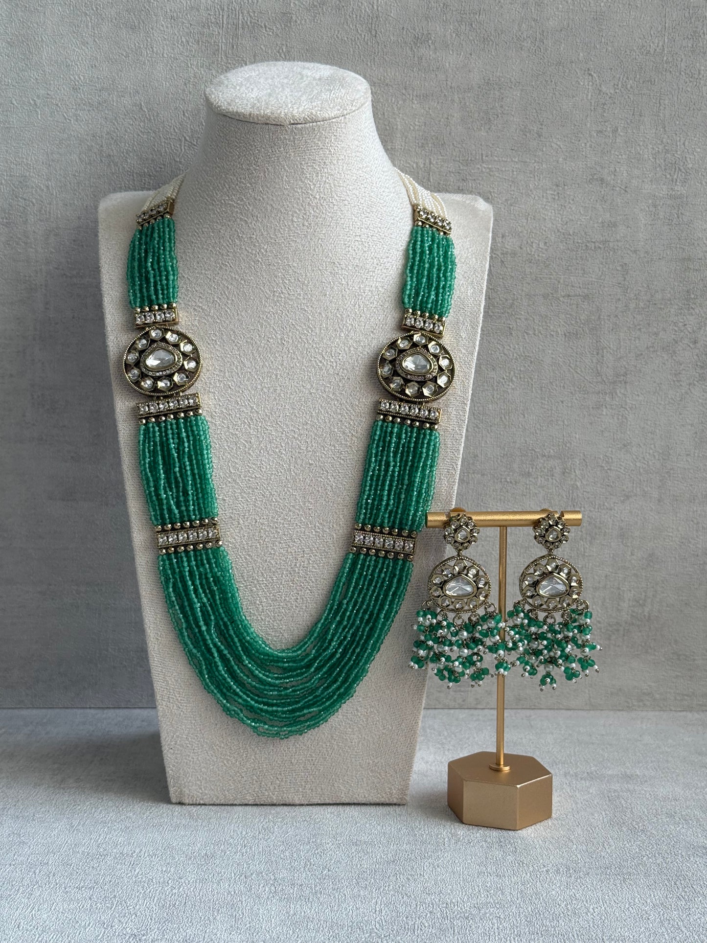 Ayura Designs Sienna Set – Long Layered Necklace & Earrings with Sea Green Beads, Mirror-Cut Kundan & Pearl Detailing