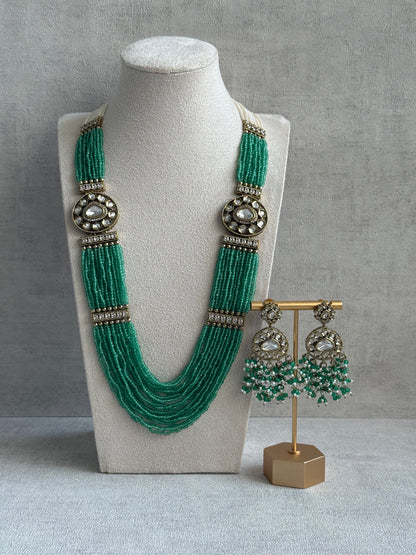 Ayura Designs Sienna Set – Long Layered Necklace & Earrings with Sea Green Beads, Mirror-Cut Kundan & Pearl Detailing