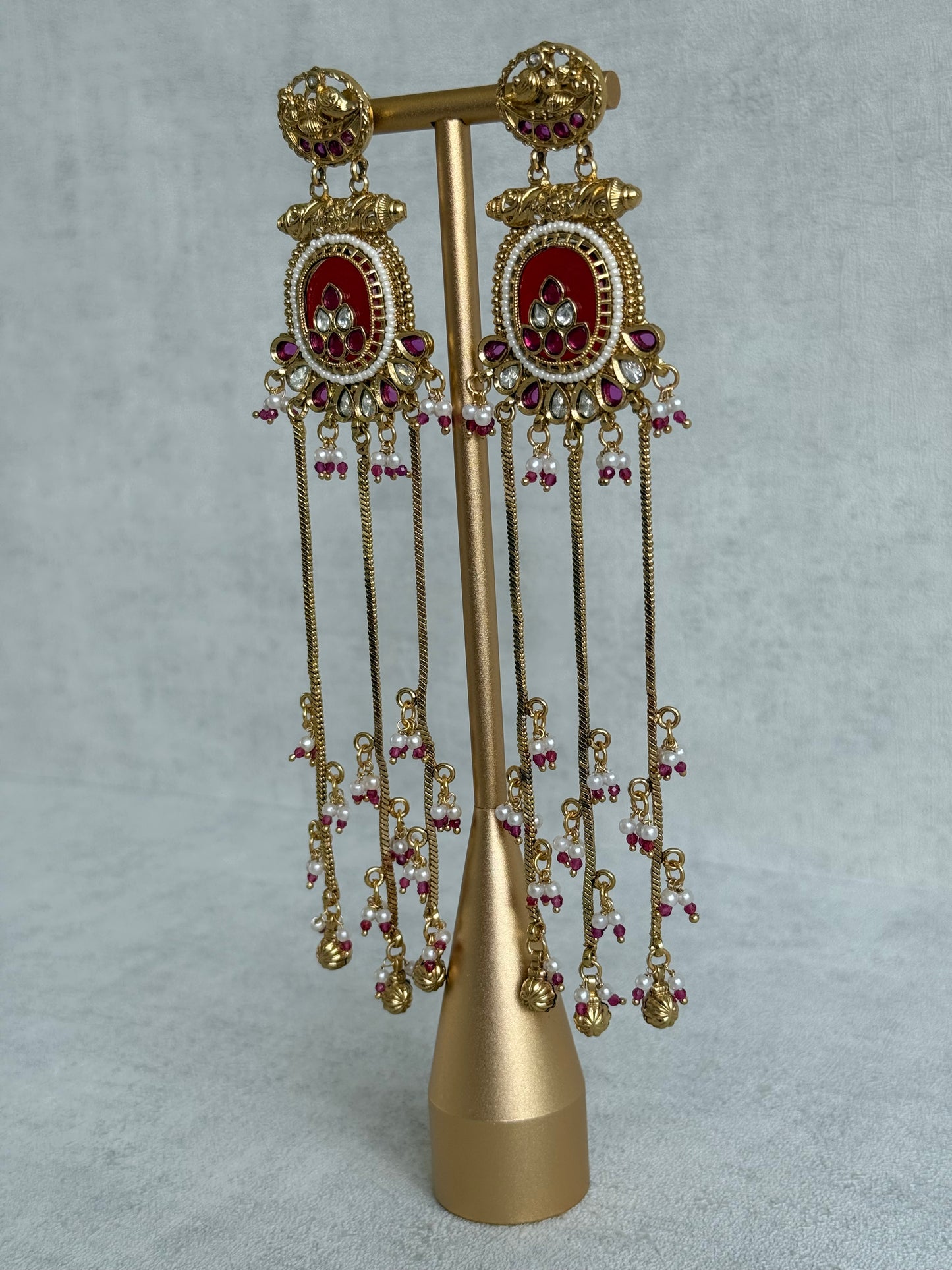 Ayura Designs Kaveri Earrings – Gold Long Chain Drop Earrings with Kundan, Pearls & Ghungroo Detailing – Ruby Red