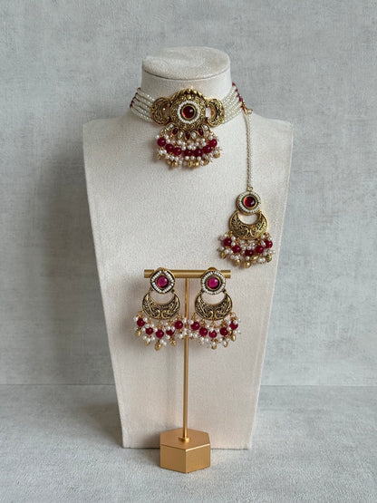 Ayura Designs Mehr Choker Set with Earrings & Tikka – Ruby Pink Stones, Ruby Pink Beads, Pearl Strands & Antique Gold Finish