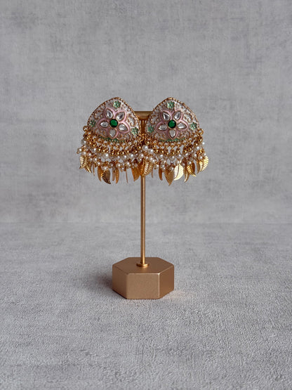 Ayura Designs Rozina Earrings – Floral Meenakari Earrings with Emerald Green Centre Stone, Pearl Clusters & Gold Leaf Charms
