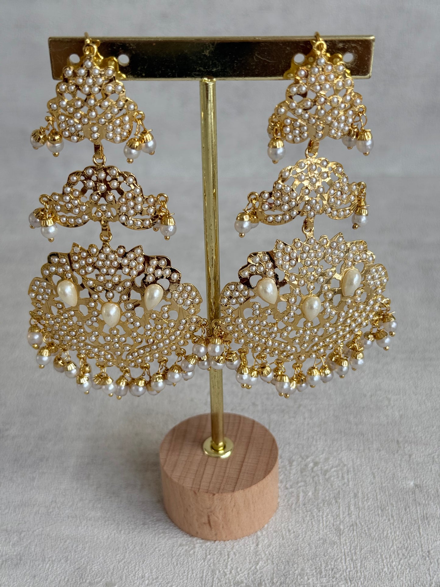 Ayura Designs Zarrar Earrings – Gold Jadau Filigree Statement Earrings with Pearl Drops