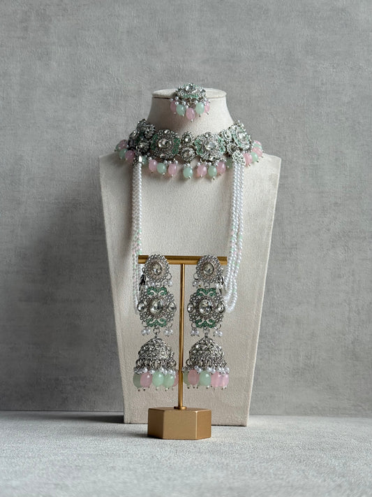 Ayura Designs Uzairah Set with Tikka & Sahare Jhumkis – Pastel Mint & Blush Beads with Pearl Strands & Mirror-Cut Detailing