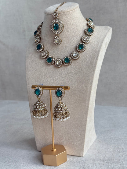 Ayura Designs Eira Necklace Set with Earrings & Tikka – Teal & Crystal Stones with Antique Gold Finish