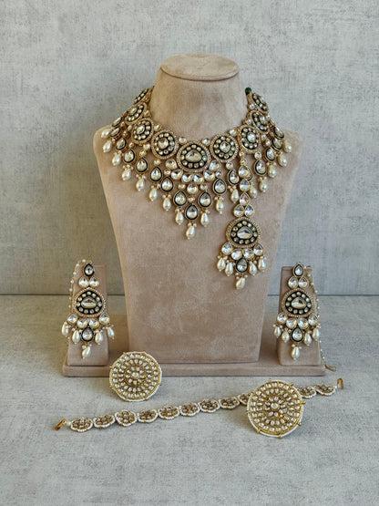 Ayura Designs Sultana Bridal Set with Necklace, Jhumkis, Tikka, Nath, Ring & Sheeshphool – Jadau Kundan Craftsmanship with Mirror-Cut Polki Stones, Ivory Pearls & Antique Gold Finish