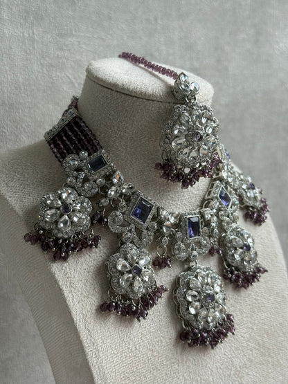 Ayura Designs Zarghuna Set with Jhumkis & Tikka – Mauve Beads, Mirror-Cut Stones & Silver Finish