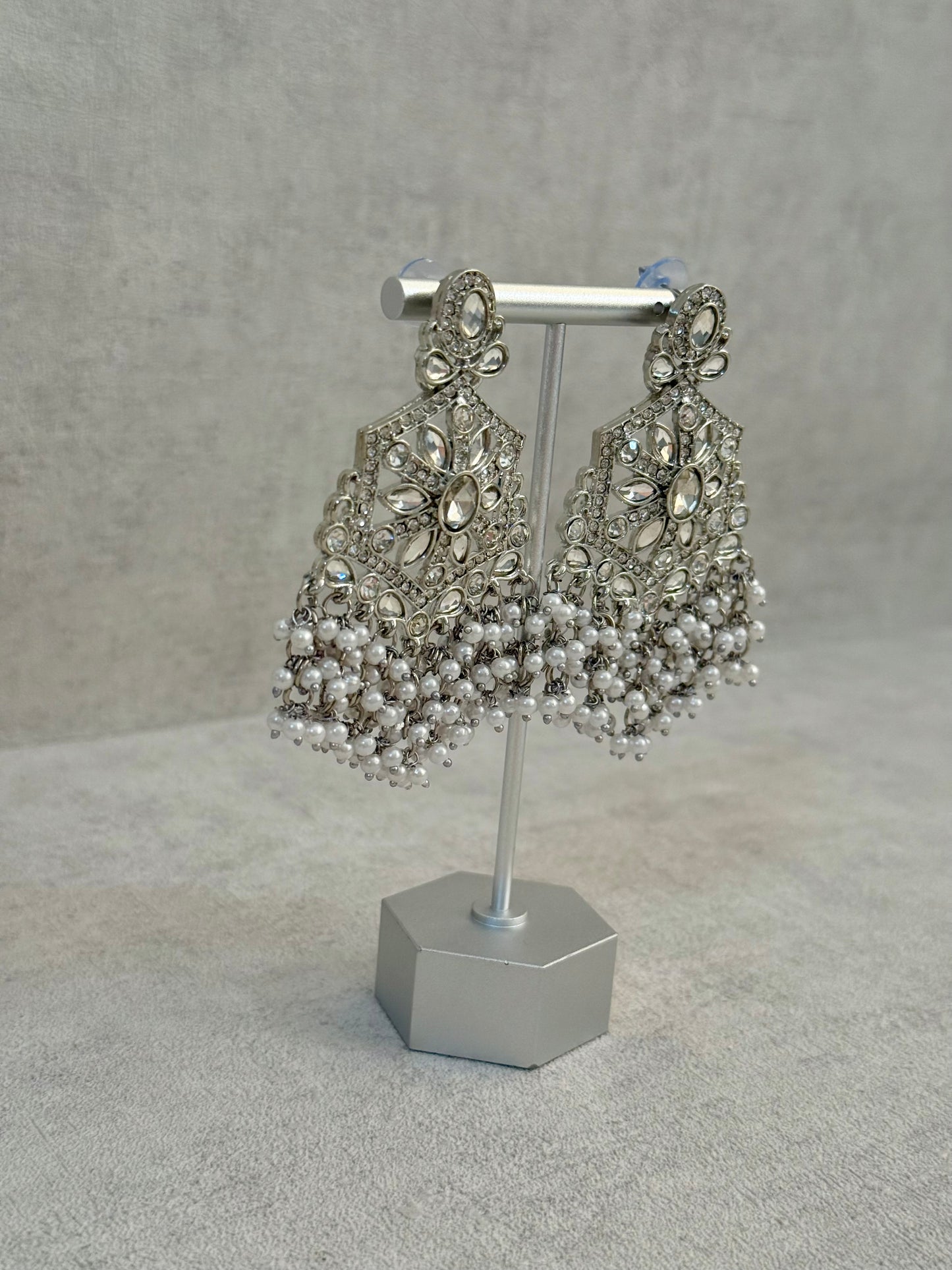 Ayura Designs Prija Earrings – Crystal Floral Chandeliers with Pearl Cluster Drops