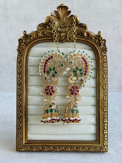 Ayura Designs Nitya Kaanphool Jhumkis – Gold Half Ear Cuff Earrings, Peacock Motifs, Pink & Emerald Green Kundan, Pearl Drops & Sahare