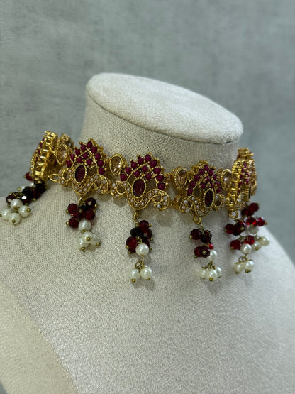 Ayura Designs Noor Set – Choker, Jhumkis with Sahare & Tikka in Maroon with Pearl Detailing