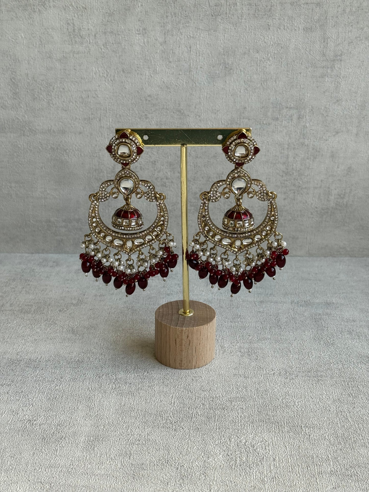 Ayura Designs Reha Earrings – Statement Chandbalis with Maroon Beads, Pearls & Mirror-Cut Stones