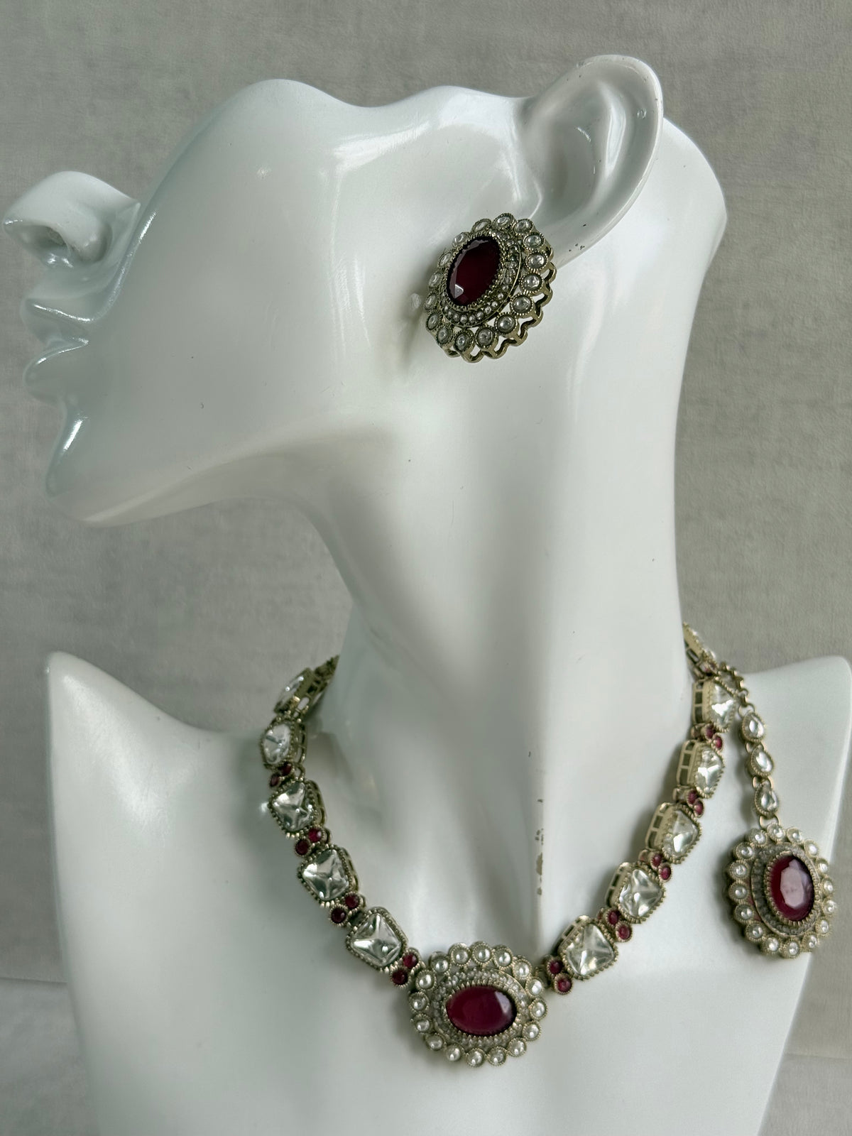 Ayura Designs Inza Necklace Set – Rani Pink Stones, Kundan & Crystals with Antique Gold Finish