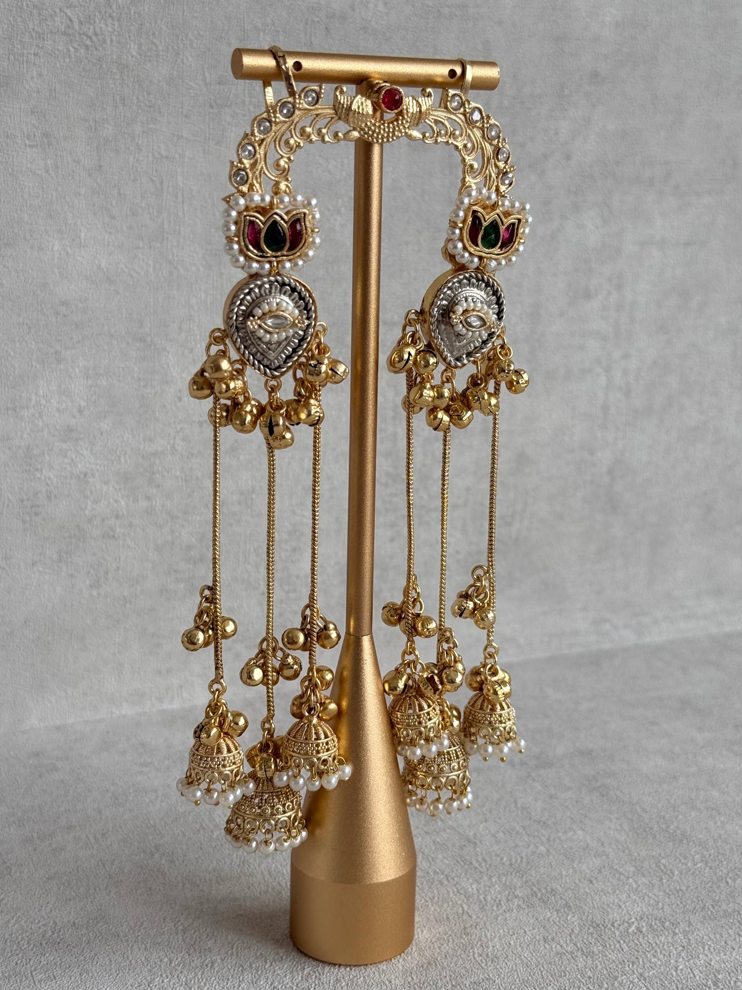 Ayura Designs Kaifiya Earrings – Peacock-Inspired Half Ear Cuff Jhumkis with Ruby Pink & Emerald Stones