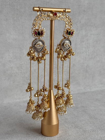 Ayura Designs Kaifiya Earrings – Peacock-Inspired Half Ear Cuff Jhumkis with Ruby Pink & Emerald Stones