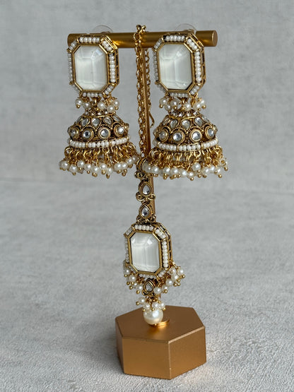 Ayura Designs Heena Tikka Set with Jhumkis – Ivory Stone, Kundan & Pearl Detailing