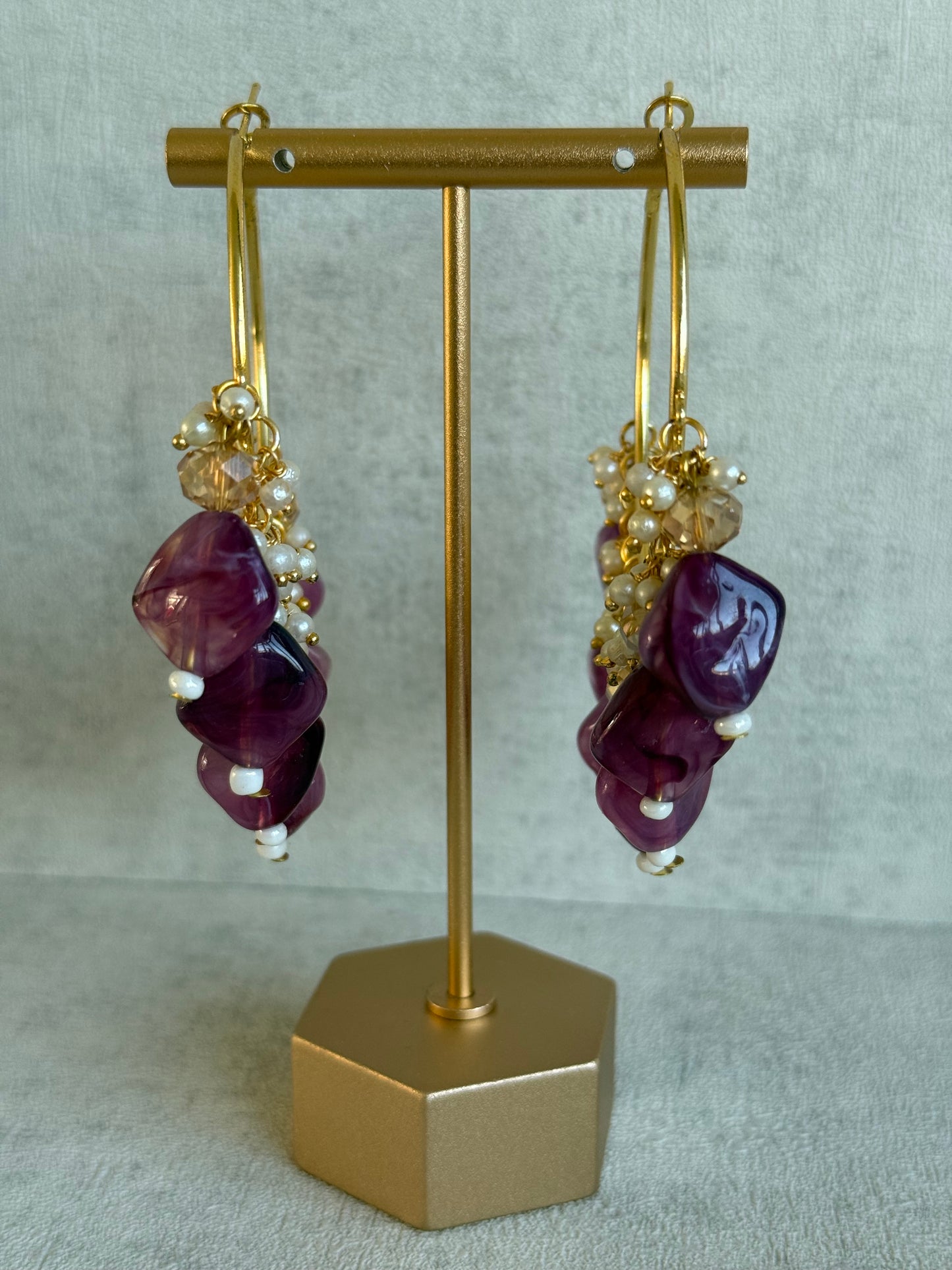 Ayura Designs Heer Balis – Gold Hoops with Amethyst Plum Marble Beads, Pearls & Crystal Detailing