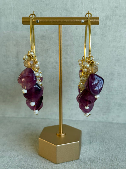 Ayura Designs Heer Balis – Gold Hoops with Amethyst Plum Marble Beads, Pearls & Crystal Detailing