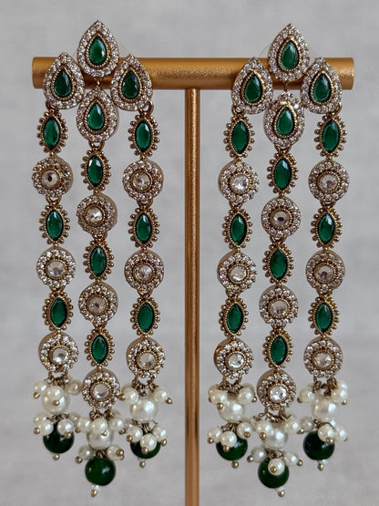 Ayura Designs Emilia Earrings – Gold Triple Strand Statement Earrings with Emerald Green Stones & Pearl Drops