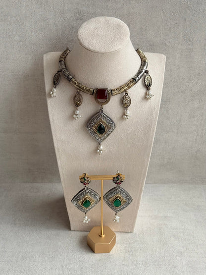 Ayura Designs Paayal Set with Earrings – Dual Tone Oxidised Necklace Set with Multicolour Stones & Pearl Clusters