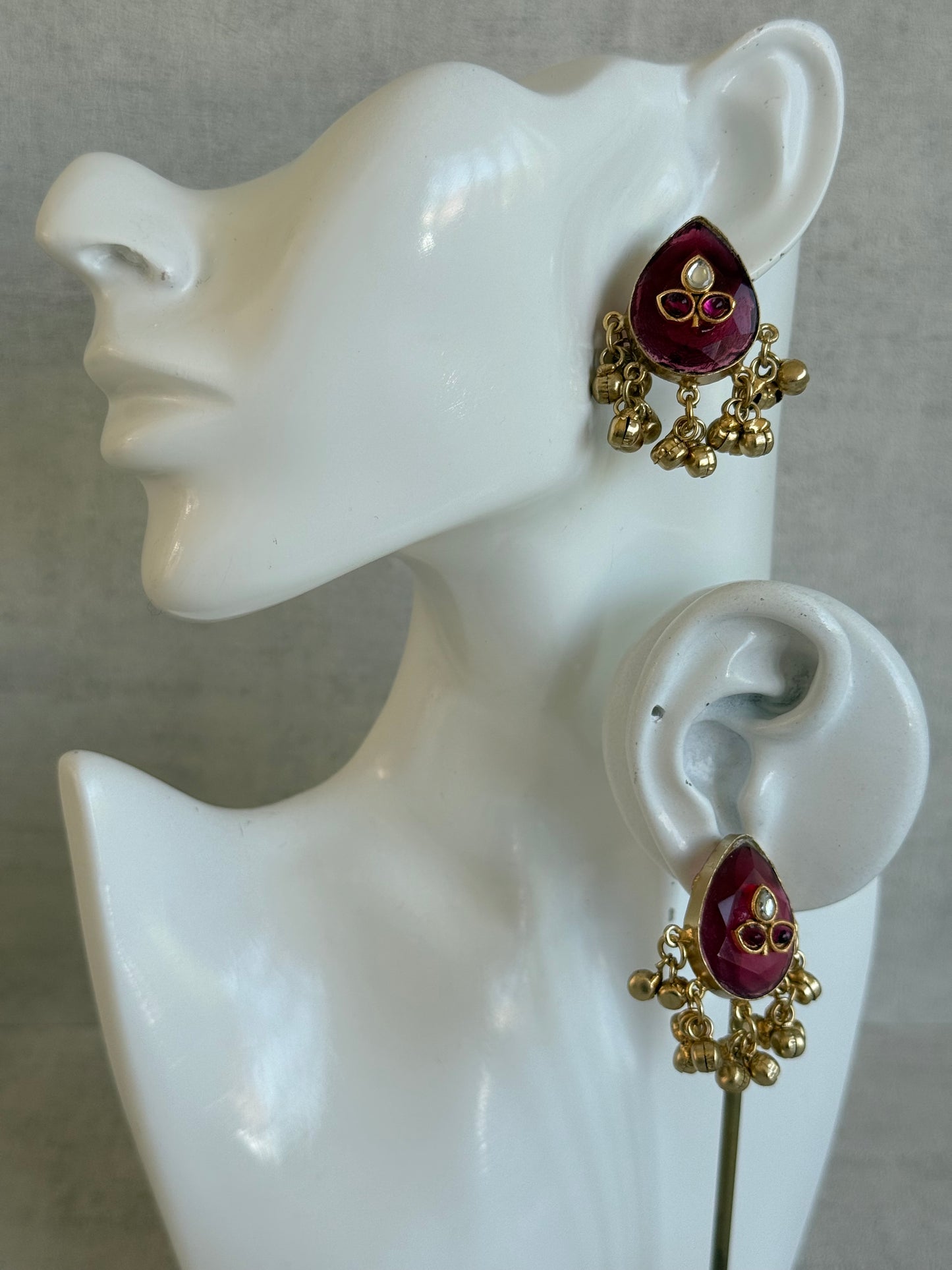 Ayura Designs Aykai Earrings – Ruby Pink Teardrop Stud Earrings with Clear Kundan Stones and Gold Ghungroo Drops