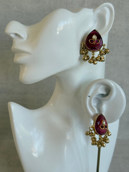 Ayura Designs Aykai Earrings – Ruby Pink Teardrop Stud Earrings with Clear Kundan Stones and Gold Ghungroo Drops