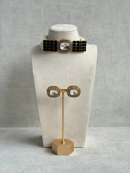 Ayura Designs Emma Choker Set – Black Gemstone Choker & Studs with Mirror-Cut Centrepiece, Pearl Strands & Crystal Borders