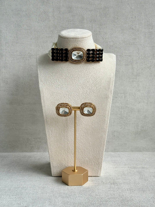 Ayura Designs Emma Choker Set – Black Gemstone Choker & Studs with Mirror-Cut Centrepiece, Pearl Strands & Crystal Borders