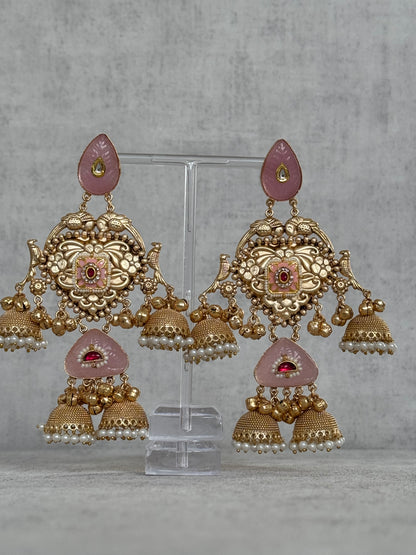 Ayura Designs Areesha Earrings – Gold-Plated Earrings with Blush Pink Enamel, Layered Jhumkas & Pearl Detailing