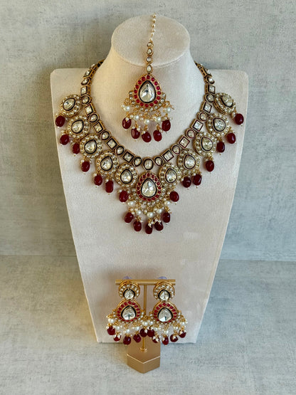 Ayura Designs Ishyat Set with Necklace, Earrings & Tikka – Kundan Detailing, Ruby Red Drops & Ivory Pearls