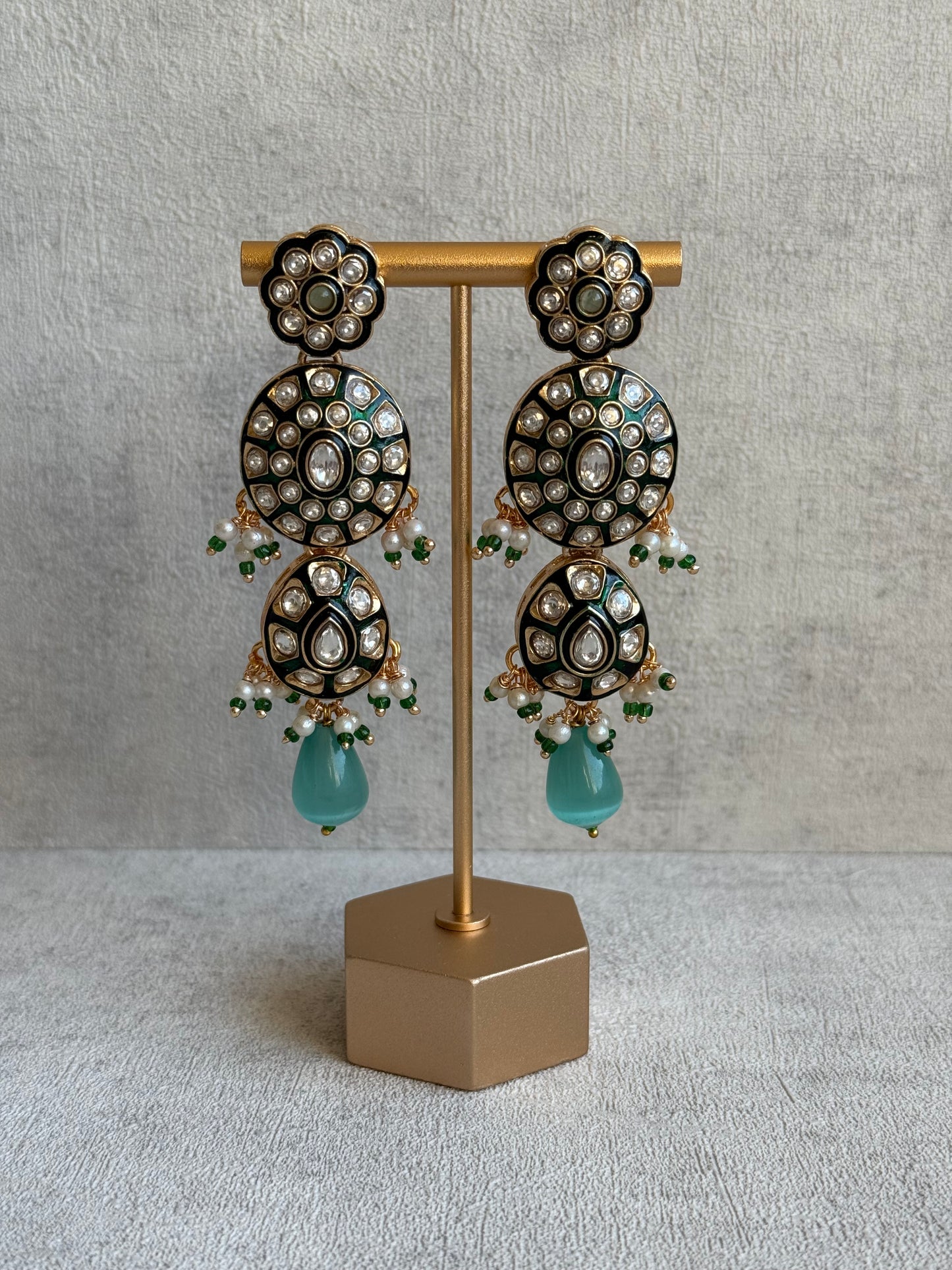 Ayura Designs Sumaira Set – Necklace, Earrings & Tikka with Kundan, Green Meenakari Detailing & Aqua Drops