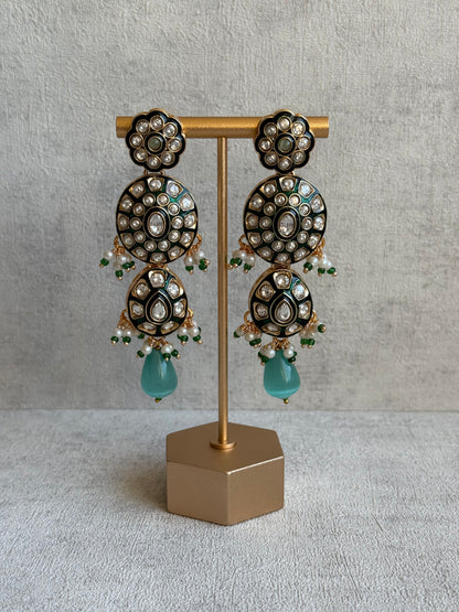 Ayura Designs Sumaira Set – Necklace, Earrings & Tikka with Kundan, Green Meenakari Detailing & Aqua Drops