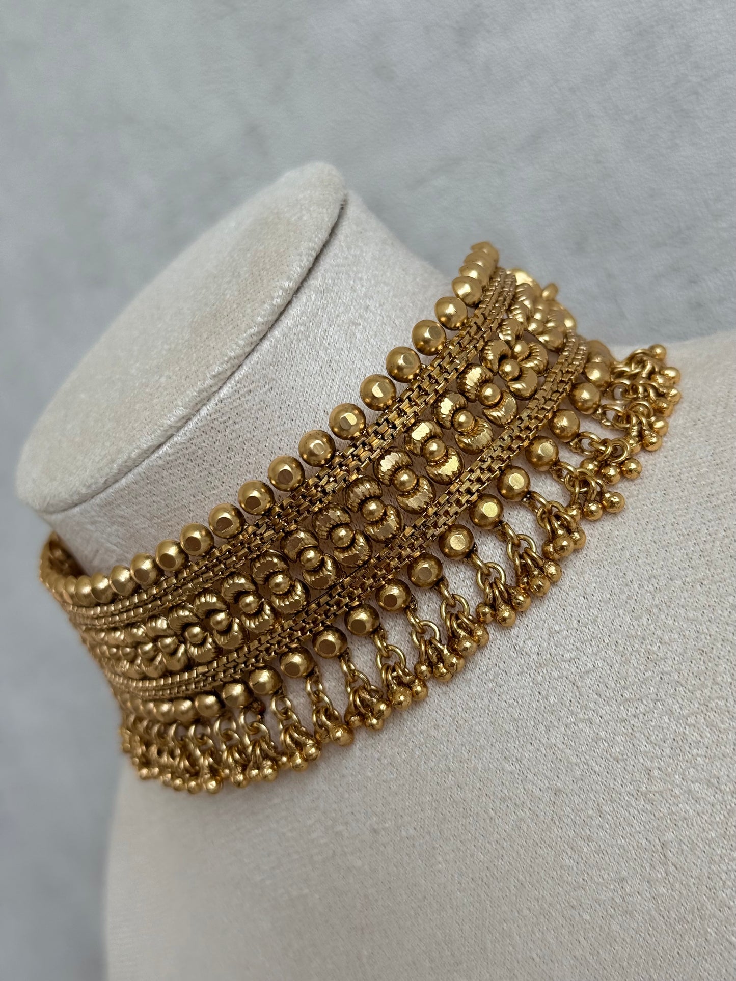 Ayura Designs Tavnoor Choker Set with Stud Earrings – Antique Gold Statement Choker with Traditional Bead Detailing