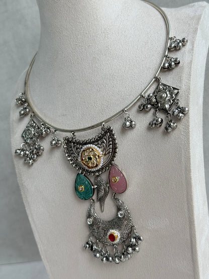 Ayura Designs Jiyana Collar Necklace Set – Blush Pink & Aqua Green Carved Teardrop Stones & Oxidised Silver Finish