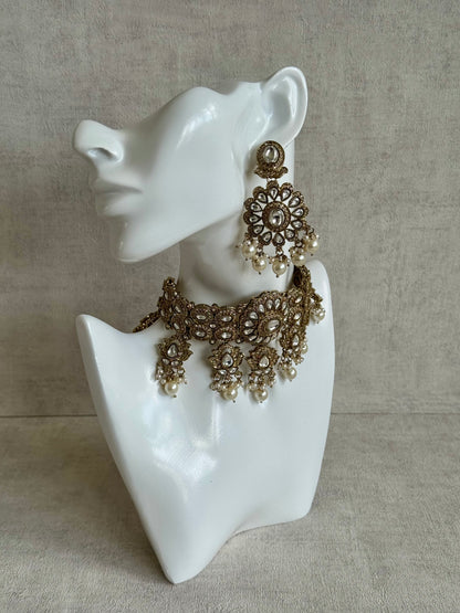 Ayura Designs Nevaya Set with Choker, Earrings & Tikka – Antique Gold with Mirror-Cut Stones & Pearl Drops