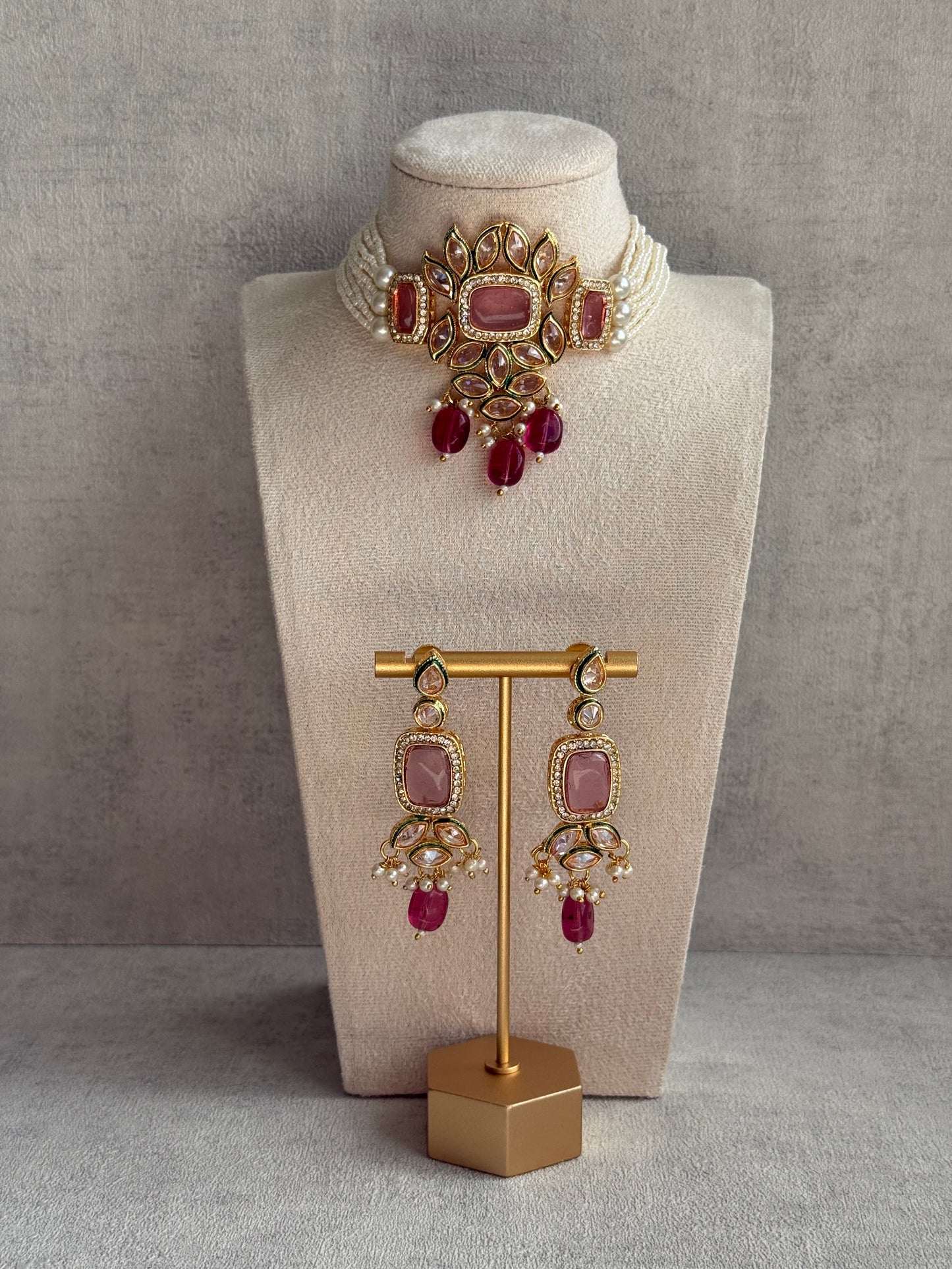 Ayura Designs Raaz Set with Necklace & Earrings – Berry Pink Stones, Kundan Detailing & Antique Gold Finish