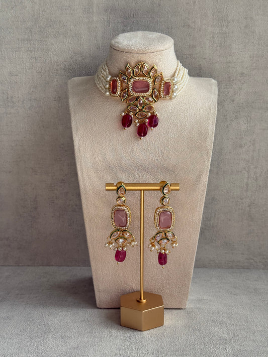 Ayura Designs Raaz Set with Necklace & Earrings – Berry Pink Stones, Kundan Detailing & Antique Gold Finish