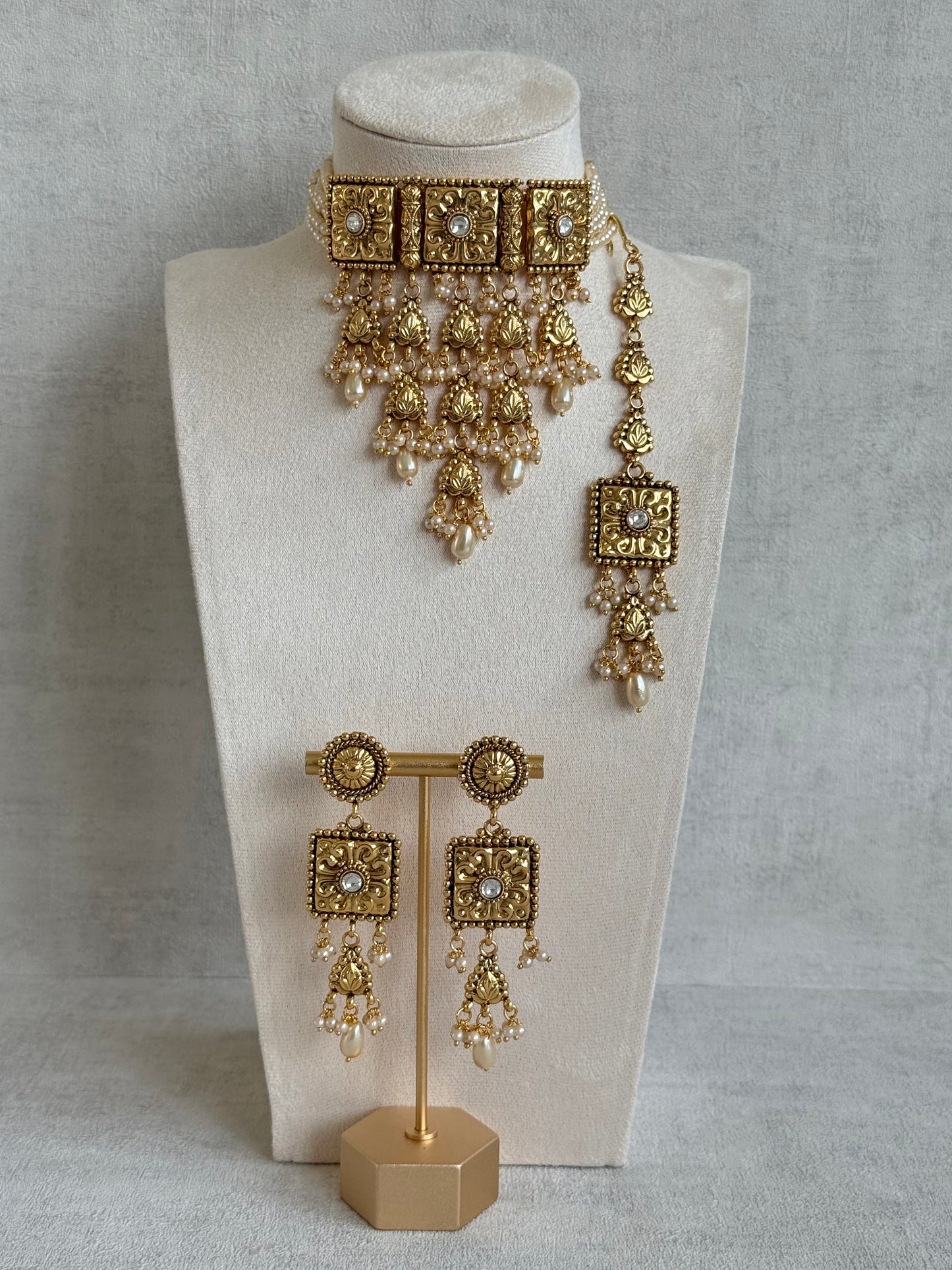 Ayura Designs Nimrah Choker Set with Earrings & Tikka – Ivory Pearl Gold Tone Waterfall Jewellery Set