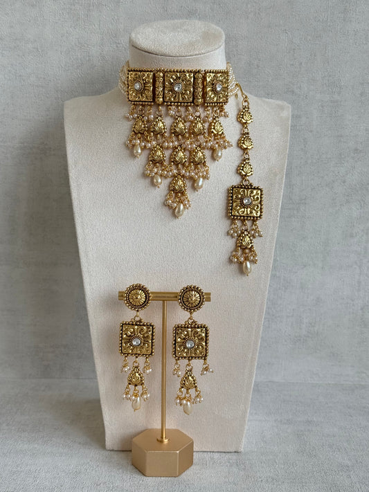 Ayura Designs Nimrah Choker Set with Earrings & Tikka – Ivory Pearl Gold Tone Waterfall Jewellery Set
