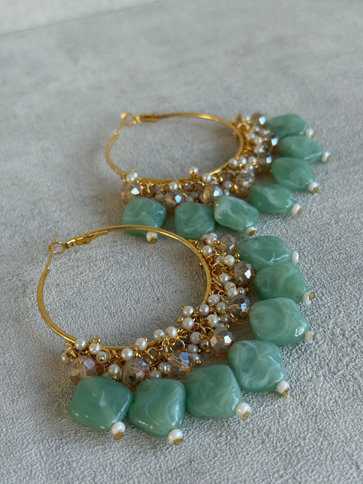 Ayura Designs Heer Balis – Gold Hoops with Mint Marble Beads, Pearls & Crystal Detailing