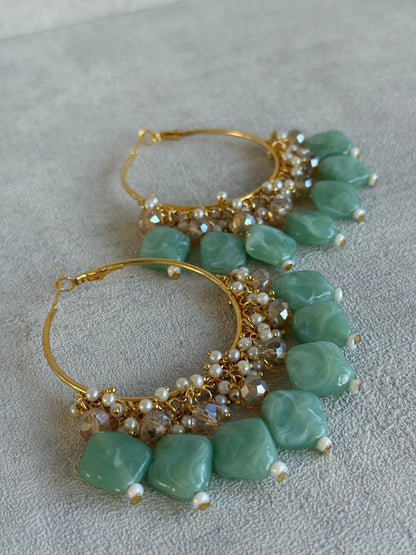 Ayura Designs Heer Balis – Gold Hoops with Mint Marble Beads, Pearls & Crystal Detailing