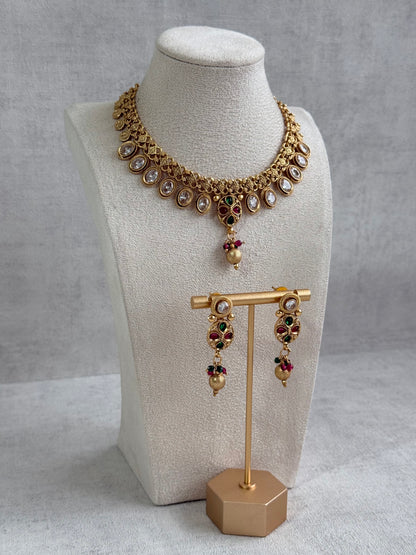 Ayura Designs Perniya Set with Necklace & Earrings – Mirror-Cut Stones with Multicolour Accents in Antique Gold Finish