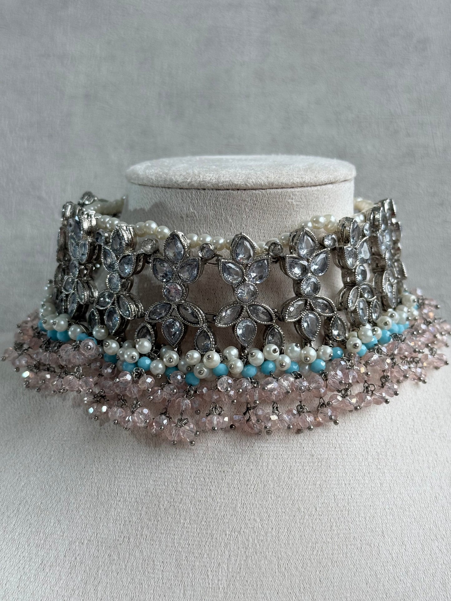 Ayura Designs Arasi Set with Choker, Passa, Tikka & Sahare Jhumkis – Antique Silver with Blush Pink Crystals, Aqua Blue Beads & Ivory Pearls