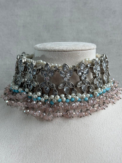 Ayura Designs Arasi Set with Choker, Passa, Tikka & Sahare Jhumkis – Antique Silver with Blush Pink Crystals, Aqua Blue Beads & Ivory Pearls
