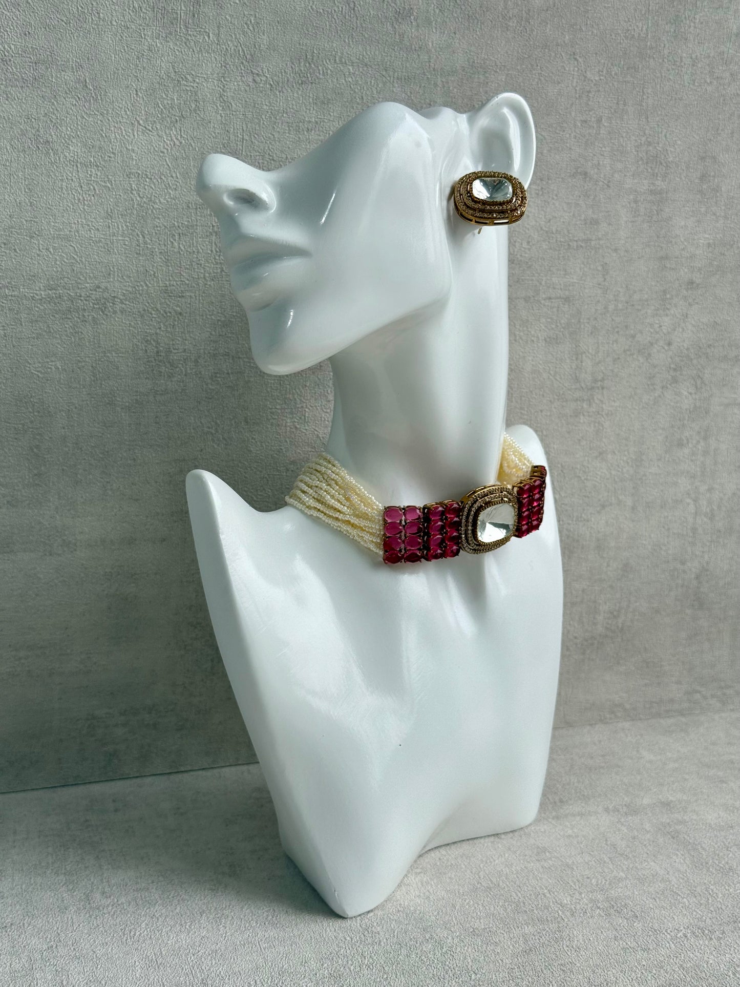 Ayura Designs Emma Choker Set – Ruby Fuchsia Gemstone Choker & Studs with Mirror-Cut Centrepiece, Pearl Strands & Crystal Borders