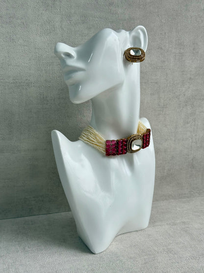 Ayura Designs Emma Choker Set – Ruby Fuchsia Gemstone Choker & Studs with Mirror-Cut Centrepiece, Pearl Strands & Crystal Borders